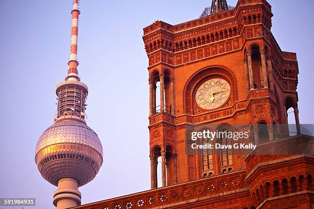 red town hall and television tower, berlin - rathaus stock pictures, royalty-free photos & images