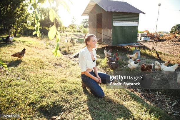 caucasian farmer crouching by hen house - chicken coop stock-fotos und bilder