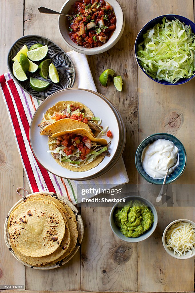 High angle view of fresh taco ingredients