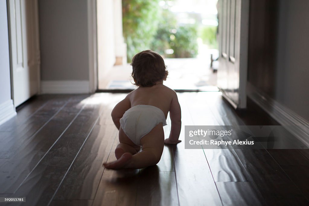 Rear view of baby boy wearing nappy crawling towards open front door