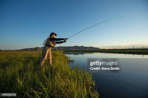 caucasian woman casting fishing line in remote lake - fly fishing stock-fotos und bilder