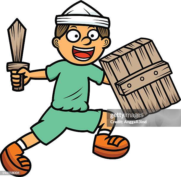 kid playing warrior with wooden shield and sword - kendo sword stock illustrations