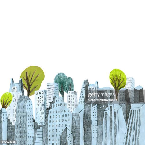 illustrazioni stock, clip art, cartoni animati e icone di tendenza di skyline della città con alberi su sfondo bianco - composizione