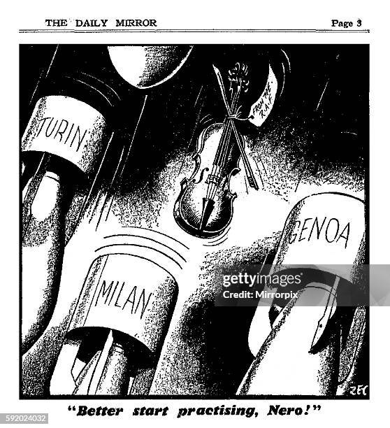 Daily Mirror Zec Cartoon, Published 26th October 1942. "Better start practising, Nero". Illustrating successful RAF daylight bombing raid of Milan.