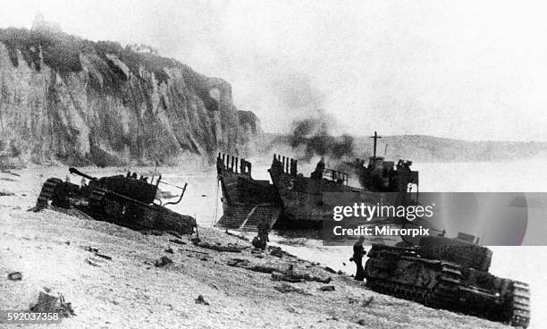 Tanks landing on the beach at Dieppe during the raid by Allied commandos on the German occupied port town in Northern France, 19th August 1942.