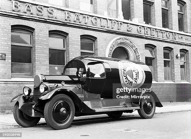 Daimler TL30 Bass and Pale Ale bottle shaped lorry seen here outside the Bass Ratcliffe and Gretton brewery in Coventry, West Midlands Circa June 1954