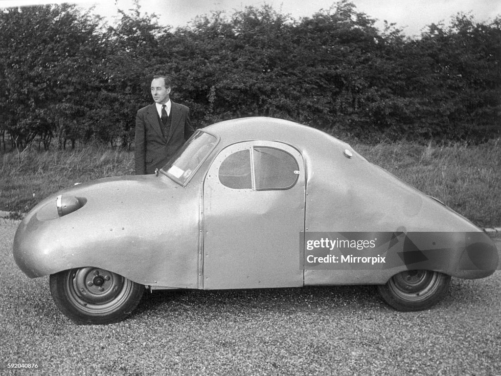 Air Vice Marshall Donald Bennett beisdes the new peoples car he has produced and named "The Atom". 20th October 1954.