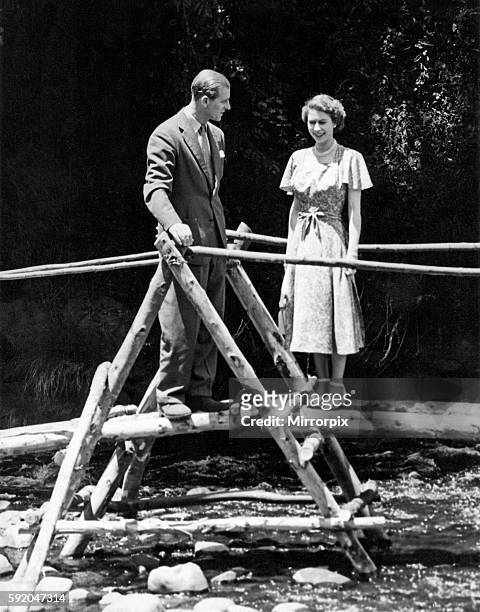 Princess Elizabeth and the Duke of Edinburgh on a bridge in the grounds of Sagana Lodge, their wedding present from the people of Kenya, 5th February...