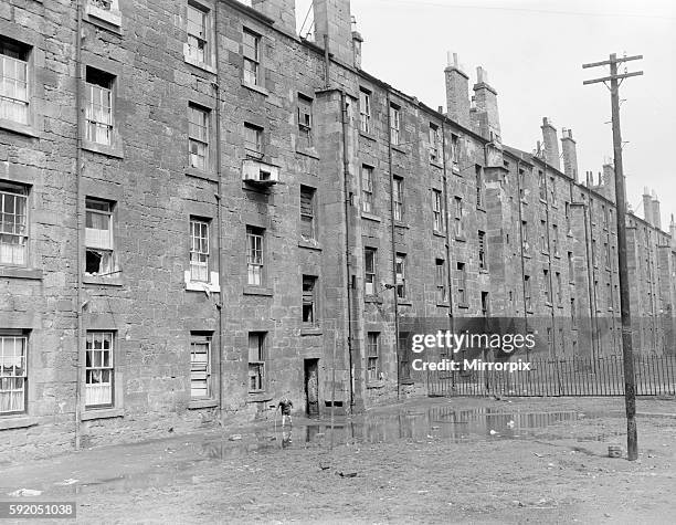 Small boy plays in the squalor outside tenement blocks in Govan, Glasgow. September 1956
