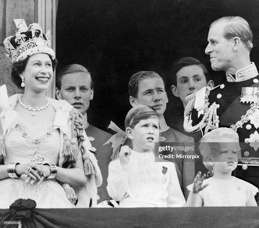 Royal Family on Balcony at Buckingham Palace, London, pictured after Coronation, 2nd June 1953.