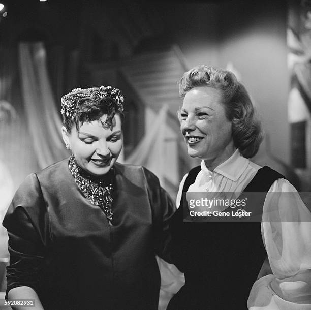 Portrait of American actresses Judy Garland and June Allyson as they pose together at the 27th Academy Award nominations event, Burbank, California,...