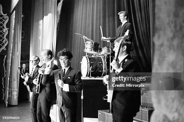 Manchester pop group Freddie and the Dreamers performing on stage at the Britannia Theatre in Great Yarmouth, Norfolk. The group consists of singer...