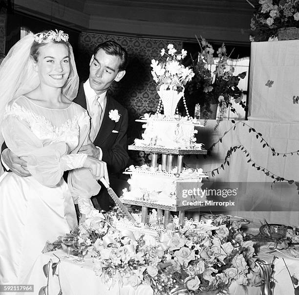 Shirley Eaton, TV and Film Actress aged 21, wedding to Colin Lenton Rowe aged 27, St Mary's, Kenton, Middlesex, Monday 5th August 1957.