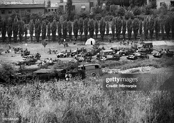 Russian tanks and various military vehicles seen here in a park on the edge of Prague following the Warsaw pacts invasion of Czechoslovakia after the...