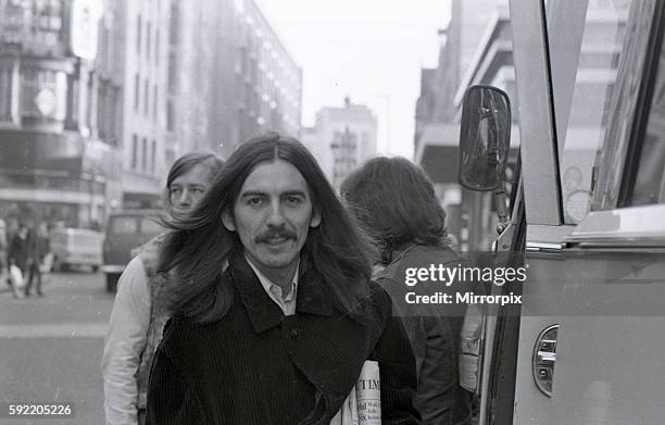 George Harrison in Birmingham City Centre before performing at the Town Hall. December 1969