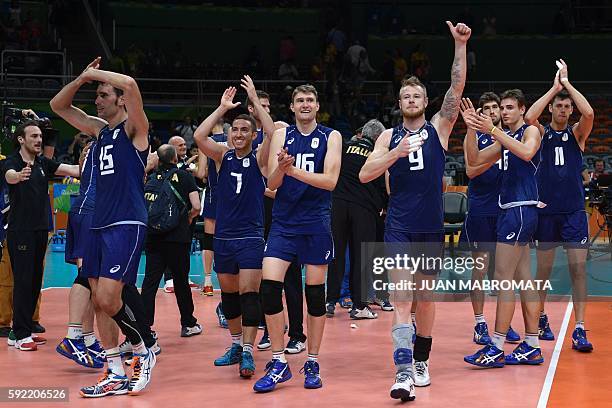 Italy's Emanuele Birarelli, Italy's Salvatore Rossini, Italy's Oleg Antonov, Italy's Ivan Zaytsev, Italy's Luca Vettori, Italy's Simone Giannelli and...