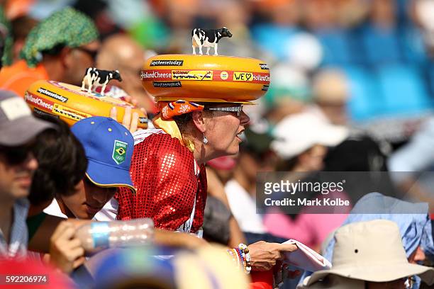 Fans from the Netherlands watch the Equestrian Jumping Individual Final Round on Day 14 of the Rio 2016 Olympic Games at the Olympic Equestrian...