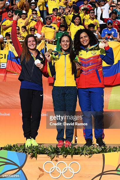 Silver medalist Alise Post of USA, gold medalist Mariana Pajon of Colombia and bronze medalist Stefany Hernandez of Venezuela on the podium after the...
