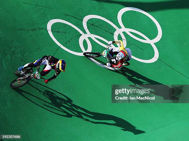 Mariana Pajon of Colombia competes in the Women's BMX final during day 14 at Olympic BMX Centre on August 19, 2016 in Rio de Janeiro, Brazil.