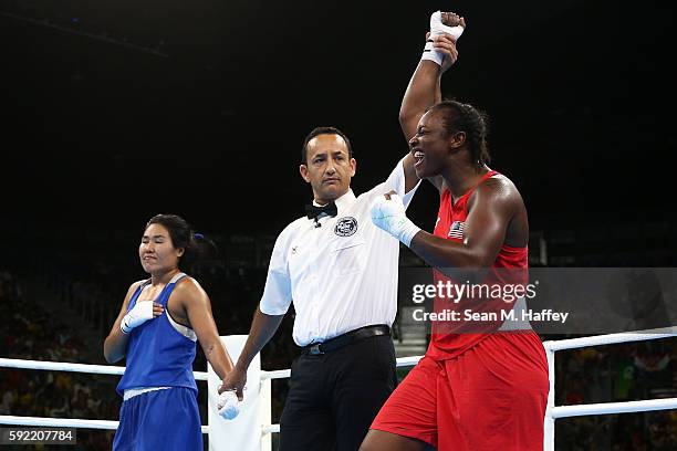 Claressa Maria Shields of the United States reacts after defeating Dariga Shakimova of Kazakhstan in the Women's Middle Semifinal 1 on Day 14 of the...