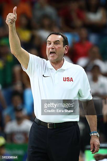 Head coach Mike Krzyzewski of United States shouts instruction during the Men's Semifinal match against Spain on Day 14 of the Rio 2016 Olympic Games...