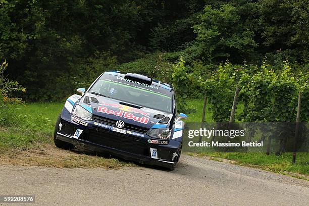 Sebastien Ogier of France and Julien Ingrassia of France compete with their Volkswagen Motorsport WRT Volkswagen Polo R WRC during Day One of the WRC...