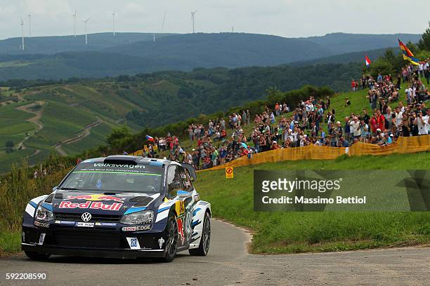 Sebastien Ogier of France and Julien Ingrassia of France compete with their Volkswagen Motorsport WRT Volkswagen Polo R WRC during Day One of the WRC...