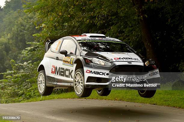Ott Tanak of Estonia and Raigo Molder of Estonia compete in their DMACK WRT Ford Fiesta RS WRC during Day One of the WRC Germany on August 19, 2016...