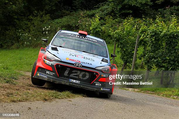 Daniel Sordo of Spain and Marc Marti of Spain compete in their Hyundai Motorsport WRT Hyundai i20 WRC during Day One of the WRC Germany on August 19,...