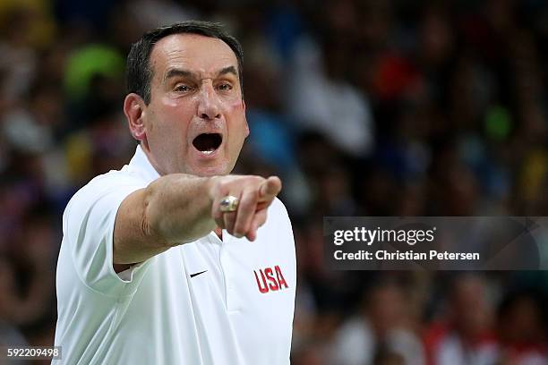 Head coach Mike Krzyzewski of United States shouts during the Men's Semifinal match against Spain on Day 14 of the Rio 2016 Olympic Games at Carioca...