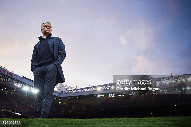 Jose Mourinho, Manager of Manchester United looks on prior to the Premier League match between Manchester United and Southampton at Old Trafford on...