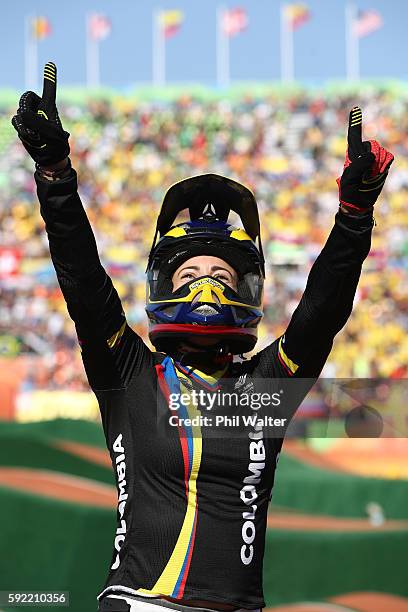 Mariana Pajon of Colombia celebrates after winning the gold during the Women's Final on day 14 of the Rio 2016 Olympic Games at the Olympic BMX...