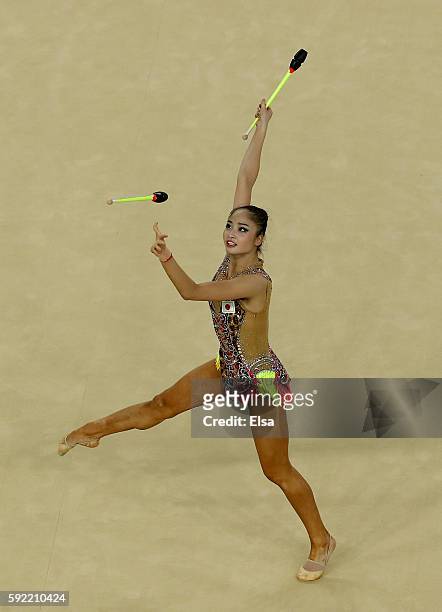 Kaho Minagawa of Japan performs her club routine during the Rhythmic Gymnastics Individual All-Around on August 19, 2016 at Rio Olympic Arena in Rio...