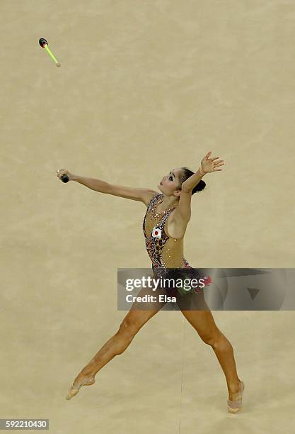 Kaho Minagawa of Japan performs her club routine during the Rhythmic Gymnastics Individual All-Around on August 19, 2016 at Rio Olympic Arena in Rio...