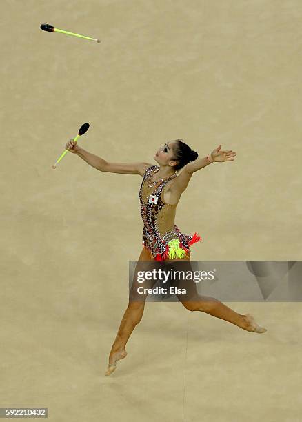 Kaho Minagawa of Japan performs her club routine during the Rhythmic Gymnastics Individual All-Around on August 19, 2016 at Rio Olympic Arena in Rio...