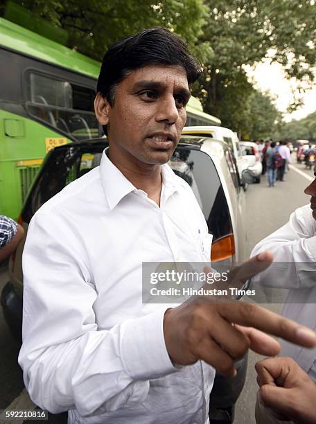 Aam Adami Party Delhi MLA Naresh Yadav leaves after attending the hearing at Election Commission of India over office of profit row at ECI HQ on...