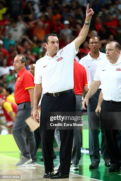 Head coach Mike Krzyzewski of United States reacts as USA defeats Spain during the Men's Semifinal match on Day 14 of the Rio 2016 Olympic Games at...