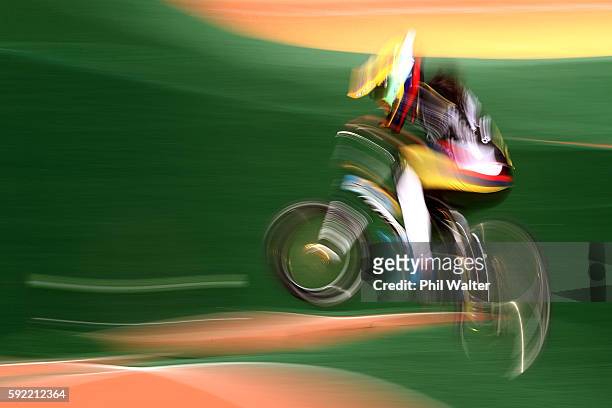 Mariana Pajon of Colombia competes during the Women's BMX Final on day 14 of the Rio 2016 Olympic Games at the Olympic BMX Centre on August 19, 2016...