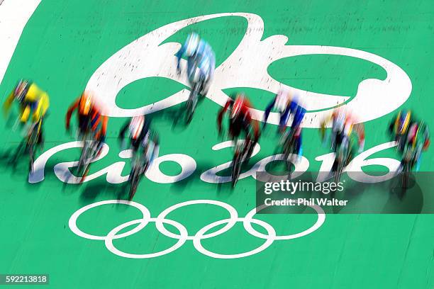 The riders compete during the Women's Semi Final 1on day 14 of the Rio 2016 Olympic Games at the Olympic BMX Centre on August 19, 2016 in Rio de...