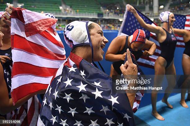 Maggie Steffens of United States celebrates winning the Women's Water Polo Gold Medal match between the United States and Italy on Day 14 of the Rio...