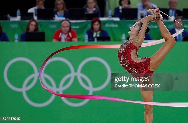 Japan's Kaho Minagawa competes in the individual all-around qualifying event of the Rhythmic Gymnastics at the Olympic Arena during the Rio 2016...