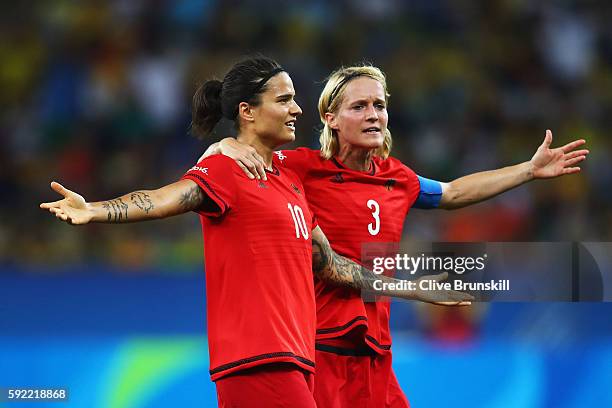 Dzsenifer Marozsan of Germany and Saskia Bartusiak of Germany celebrates after going 0-2 ahead during the Women's Olympic Gold Medal match between...