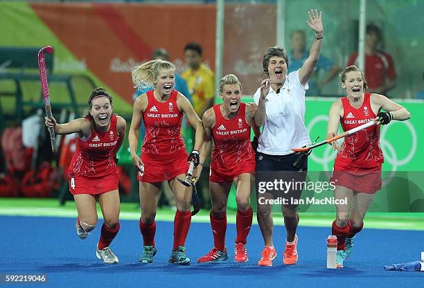 Great Britain celebrates after winning a penalty shoot outl during the Women's Hockey final between Great Britain and the Netherlands on day 14 at...