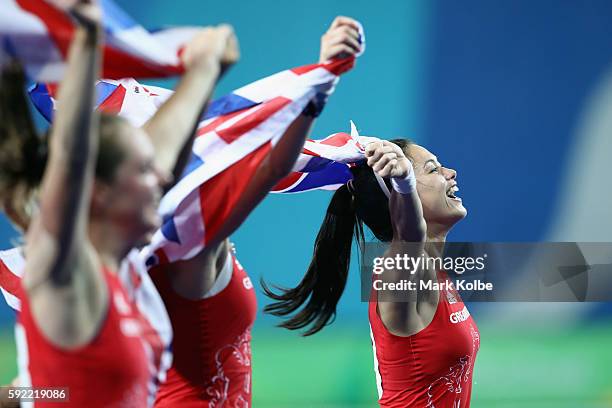 Sam Quek of Great Britain celebrates after winning the Women's Gold Medal Match against Netherlands on Day 14 of the Rio 2016 Olympic Games at the...