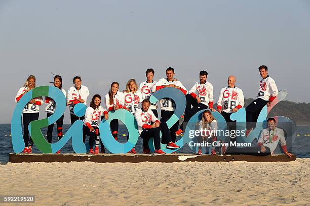 The Great Britain Olympic sailing team pose for a team photograph at the Marina da Gloria on Day 14 of the 2016 Rio Olympic Games on August 19, 2016...