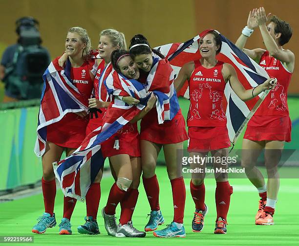 Great Britain celebrates after winning a penalty shoot outl during the Women's Hockey final between Great Britain and the Netherlands on day 14 at...