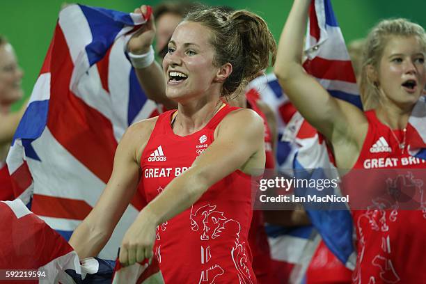 Great Britain celebrates after winning a penalty shoot outl during the Women's Hockey final between Great Britain and the Netherlands on day 14 at...