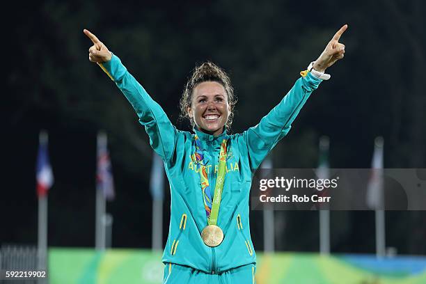 Gold medalist Chloe Esposito of Australia poses on the podium during the medal ceremony for the Women's Modern Pentathlon on Day 14 of the Rio 2016...