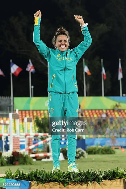 Gold medalist Chloe Esposito of Australia poses on the podium during the medal ceremony for the Women's Modern Pentathlon on Day 14 of the Rio 2016...