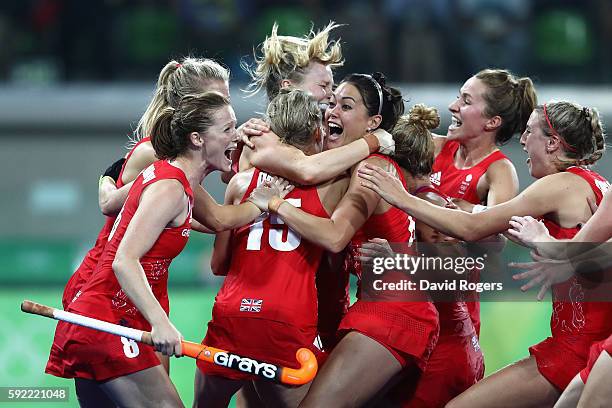 Great Britain players celebrating winning the shoot out against Netherlands to win the Women's Gold Medal Match on Day 14 of the Rio 2016 Olympic...